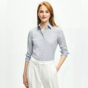 Brooks Brothers Womens Cotton Collared Long Sleeve Buttoned Blouse Blue Size 16